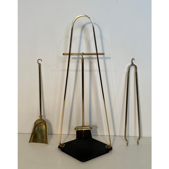 Black Lacquered and Brass Design Fireplace Tools on Stand For Sale - Image 9 of 12