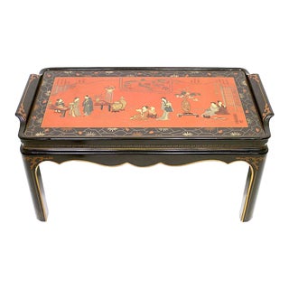 Drexel Heritage Red and Black Lacquer Chinoiserie Coffee Table With Hand Painted Figural & Scenic Top For Sale