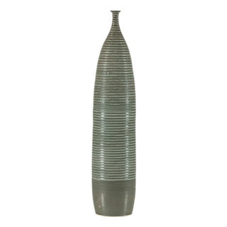 Tall Artisan Ceramic Hand-Crafted Vase with Ribbed Body and Green Glaze For Sale