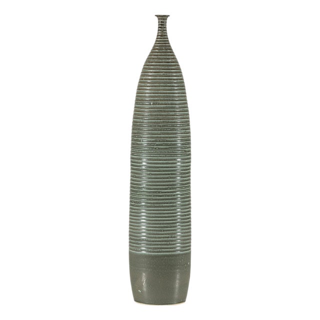 Tall Artisan Ceramic Hand-Crafted Vase with Ribbed Body and Green Glaze For Sale