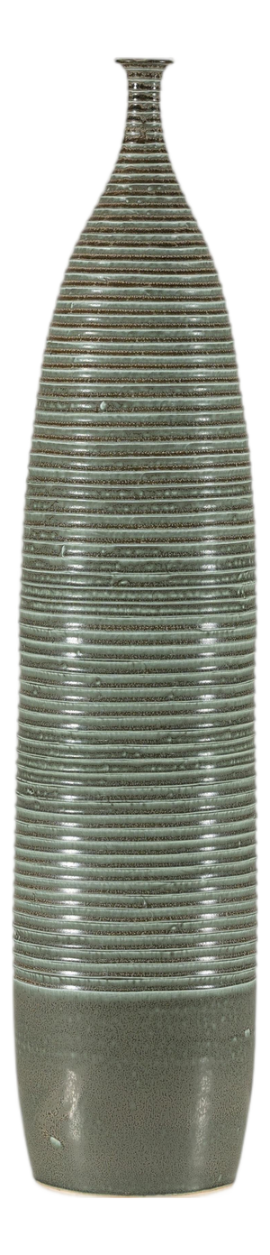 Tall Artisan Ceramic Hand-Crafted Vase with Ribbed Body and Green Glaze