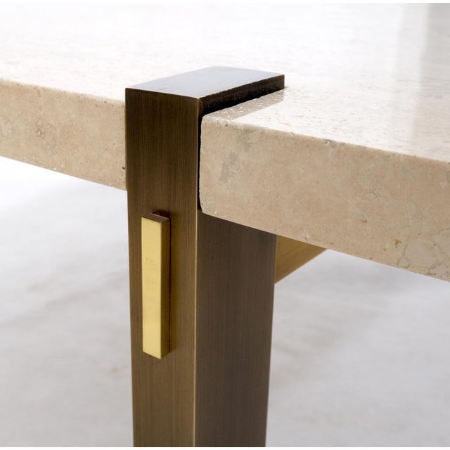 1970s Solid Bronze Base Thick Square Solid Travertine Top Coffee Center Table For Sale - Image 5 of 12