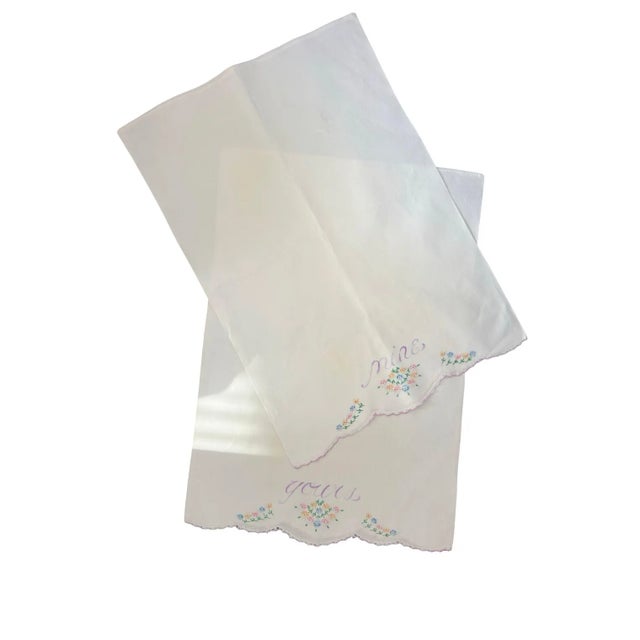 Vintage 1950s Mine and Yours King Size Pillowcases, Hand Embroidered Bridal Linen, Hand Crocheted Scalloped Edge, Heirloom Cotton - a Pair For Sale In Philadelphia - Image 6 of 8