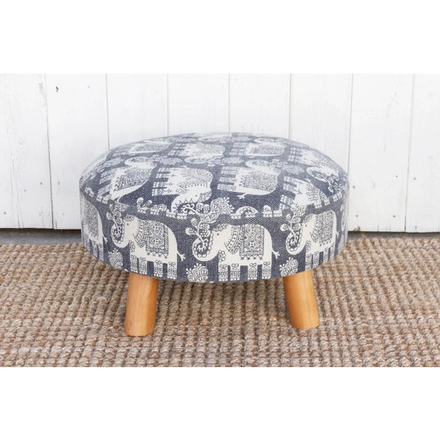 1990s Blue & White Elephant Dhurrie Ottoman Stool For Sale - Image 5 of 6