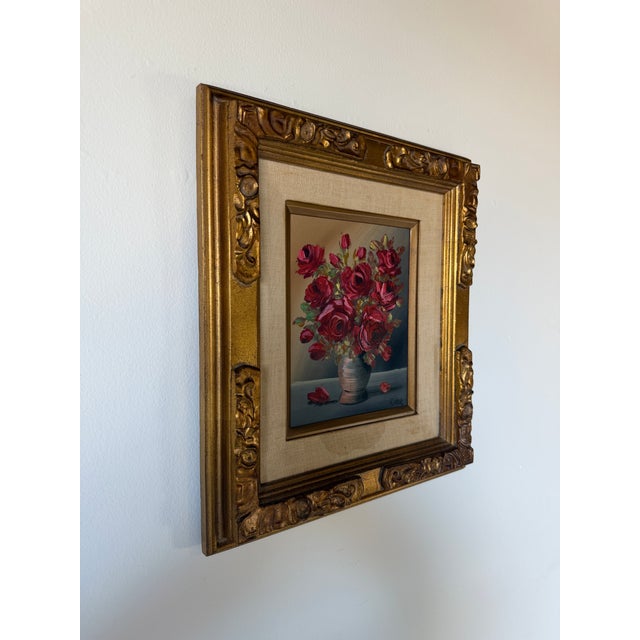 Impressionist 1970s Vintage Riher Red Roses Floral Still Life Oil Painting on Masonite – Framed For Sale - Image 3 of 9