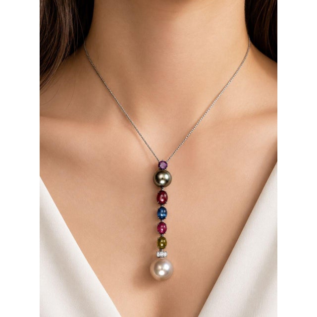 18K White Gold Diamond Gemstone Tahitian Pearl Pendant Necklace. This exquisite pendant features a natural oval amethyst 8...
