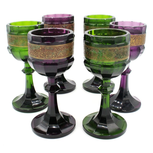Set of 6 white wine goblets by Moser, Karlsbad, Bohemia, Arts & Crafts design, c.1920. Three of amethyst glass & 3 of...