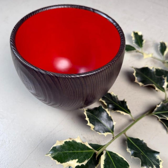 Wood Vintage Japanese Wooden Bowl with Red Urushi Lacquer, 1970s For Sale - Image 7 of 11