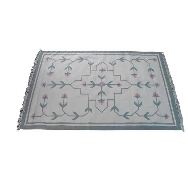 Indian Vintage Handwoven Indian Cotton Folk Art Style Kilim Flat Weave Area Rug 5' X 8' For Sale - Image 3 of 11