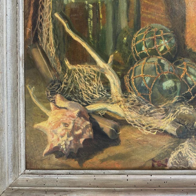 Vintage Impressionist Nautical Still Life With Seashell & Glass Jar/Oil On Board. Nautical still life with driftwood,...
