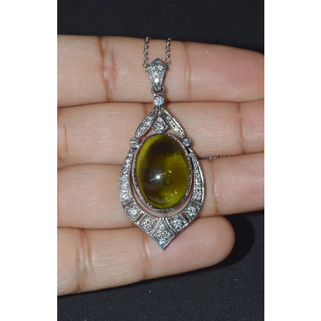 Early 21st Century Certified Natural 28.17Cts Diamond Green Tourmaline 18K Gold Art Deco Slide Pendant Necklace For Sale - Image 5 of 10