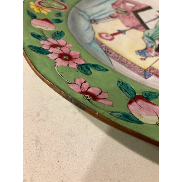 Metal Midcentury Canton Style Hand Painted Enamel Plate With Green Figural Scene and Copper For Sale - Image 7 of 8