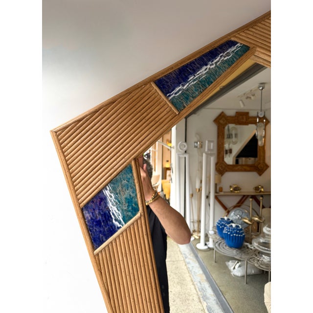 Contemporary Asymmetrical Mirror Rattan Marquetry and Enamel Metal. Italy For Sale - Image 9 of 12