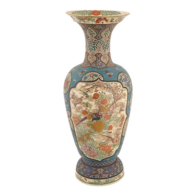 Japanese Cloisonne Enamel Meiji Totai Shippo Vase, Kinkozan School, 22 In. For Sale