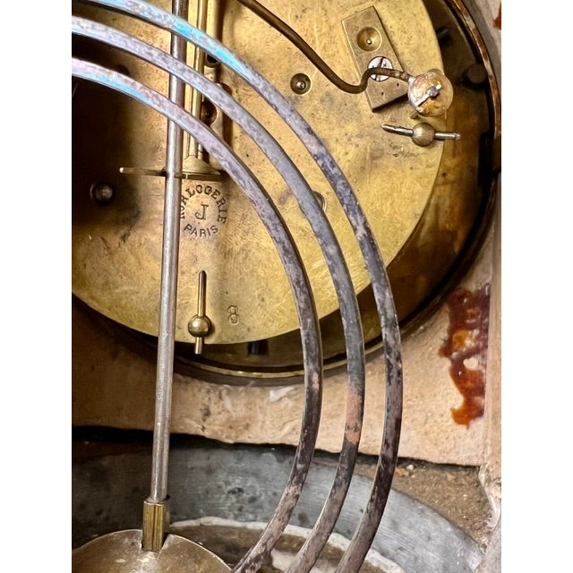 Antique French Belgian Black Slate Mantle Clock With Open Escapement and Malachite Inlay For Sale - Image 13 of 15