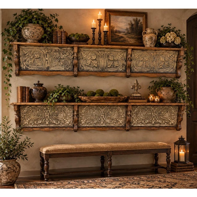 Pair of Vintage 79" Long/Wide Distressed Wood & Pressed Tin Architectural Wall Shelves For Sale - Image 15 of 15