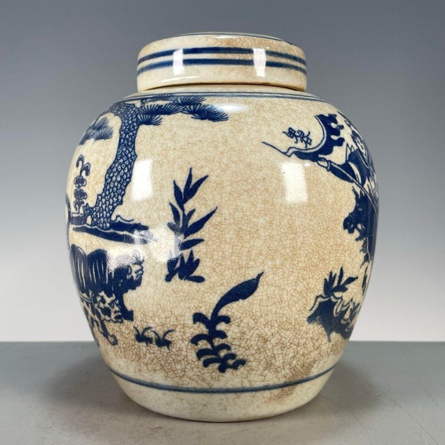 Chinoiserie Blue‑and‑White Crackle‑Glaze Lidded Ginger Jar, Figure Story Motif Porcelain Storage Canister **** For Sale In Los Angeles - Image 6 of 9