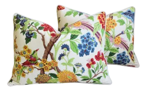 Colorful Chinoiserie Bird & Floral Feather/Down Pillows 24" X 18" - Pair