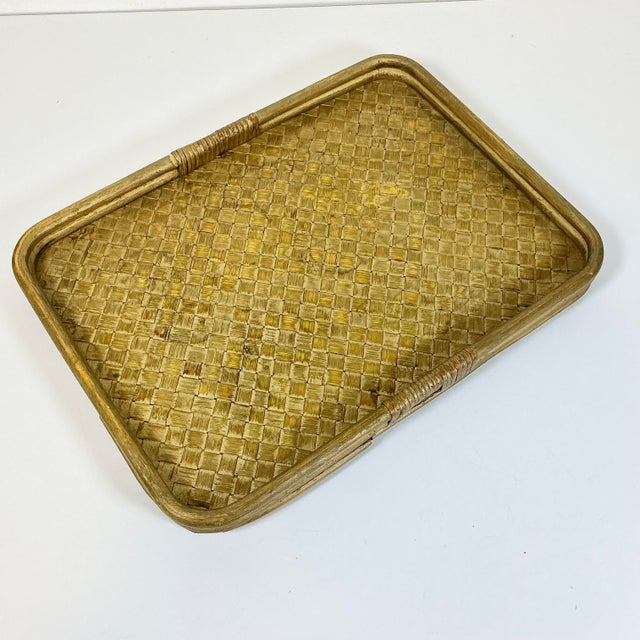 Mid-Century Boho Chic Coastal Gold Gilt Washed Wicker and Bentwood Tray For Sale - Image 10 of 15