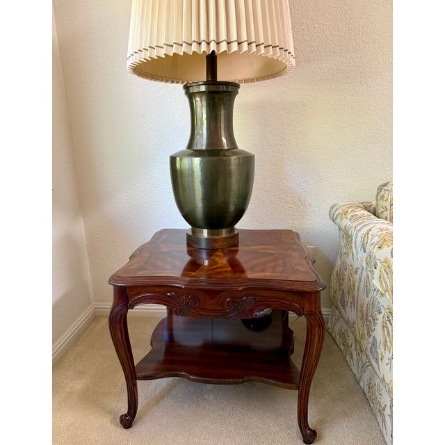 1970s Vintage Mid-Century Modern Hand-Spun Solid Brass Table Lamp With Original Pleated Shade For Sale - Image 5 of 7