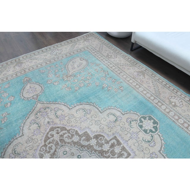 1960s Vintage Persian Handmade Wool Cotton Turquoise Area Rug For Sale In San Francisco - Image 6 of 11