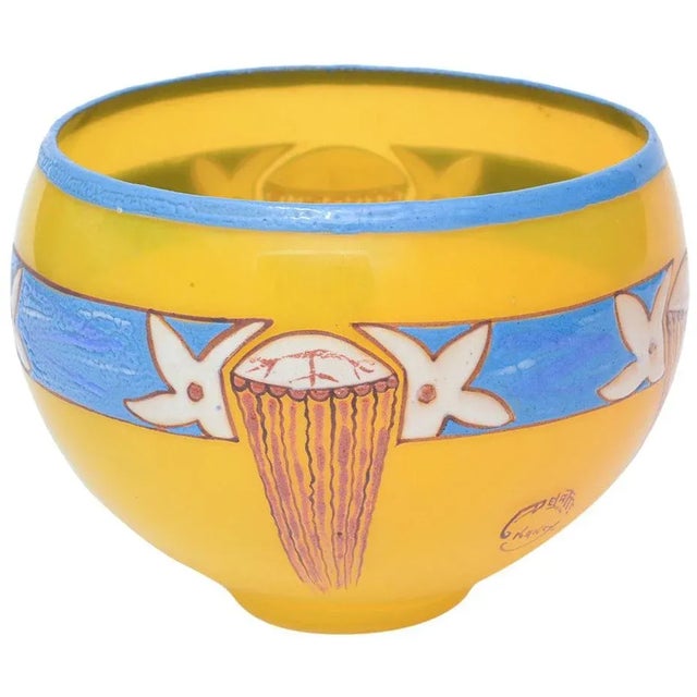 French Art Deco Signed Andre Delatte Hand Blown Glass Bowl Yellow, Blue, Red Brown For Sale - Image 11 of 11