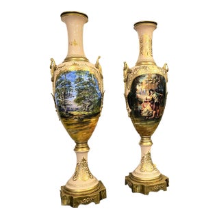 French Sèvres Porcelain Decorative Vase With Hand-Painted Artwork, Bronze Swan Handles & Gold Leaf Details For Sale