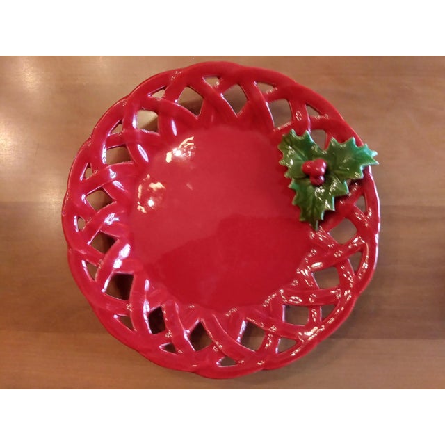Shabby Chic Dainty Majolica Trompe l'Oile Red Hollyberry Lace Edge Plate For Sale - Image 3 of 11