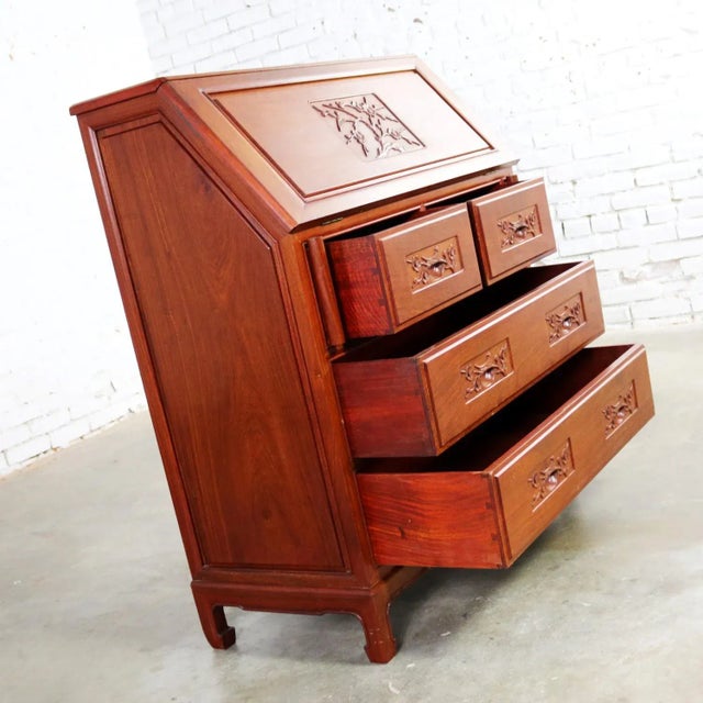 Mid 20th Century Vintage Asian Desk Teak Hand Carved Drop Front Compartmentalized Style of George Zee For Sale - Image 5 of 13