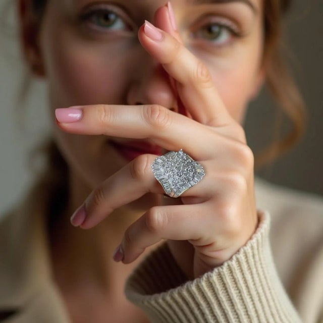 Discover the enchanting beauty of this exquisite diamond cluster ring, showcasing a stunning arrangement of sparkling...