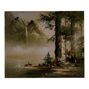 Vintage Misty Forest Landscape Oil Painting With Deer Signed Marc Shucart 1976