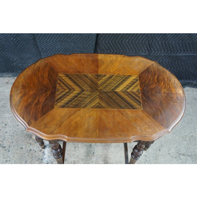 Brown Mid Century Mersman Victorian Revival Walnut Burl Oval Inlaid Accent Table 30" For Sale - Image 8 of 18