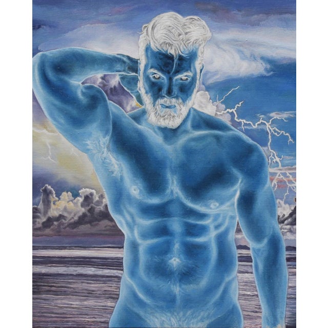 Contemporary Here, There and Everywhere by John Tarantola | Oil on Panel Blue male figure against a stormy sky. For Sale - Image 3 of 5