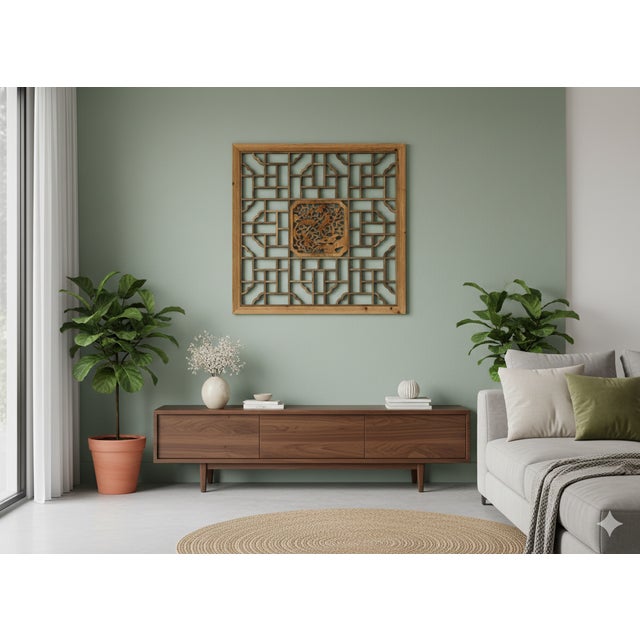 Tan Square Flower Birds Geometric Lattice Raw Wood Wall Plaque Panel For Sale - Image 8 of 8