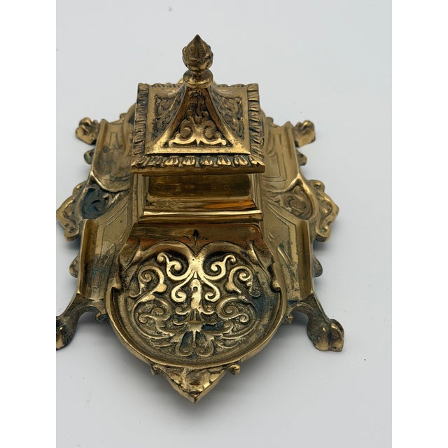 Vintage Elaborate Brass Desk Inkwell Stand With Pen Trays For Sale - Image 4 of 9