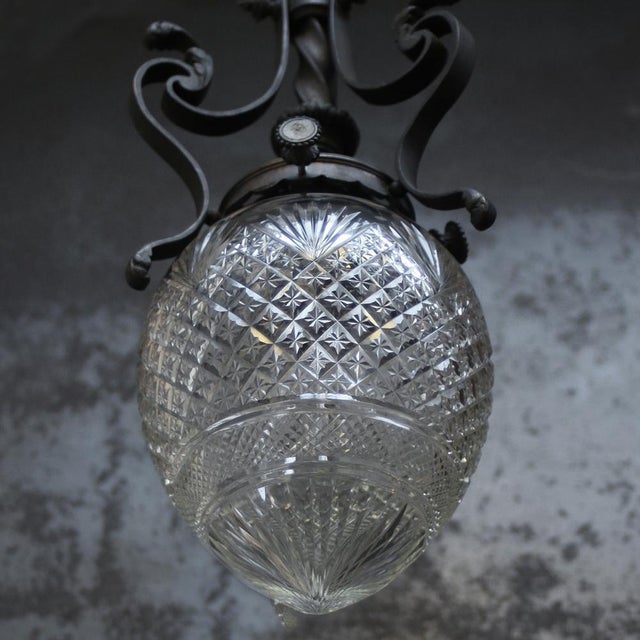 Art Nouveau Brass, Iron and Clear Cut Glass Flush Mount For Sale - Image 4 of 12