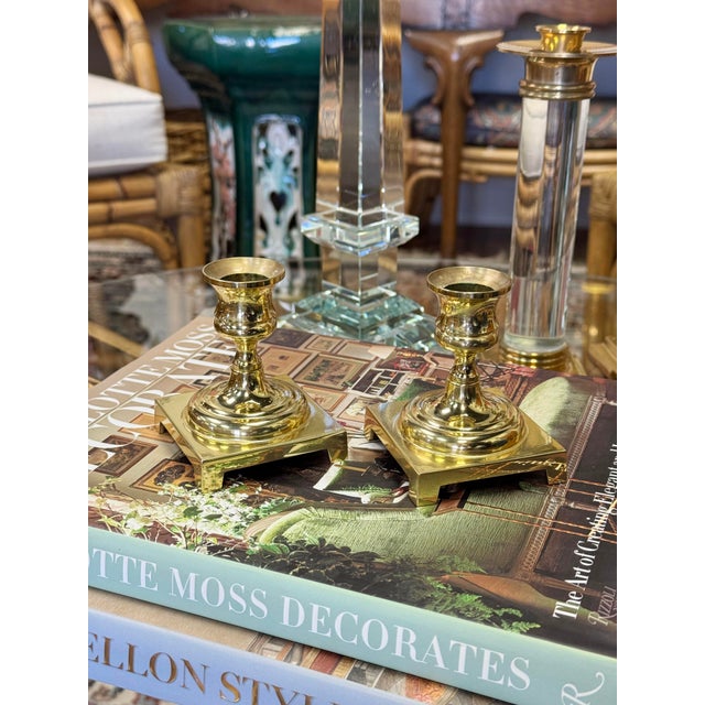 Late 20th Century Late 20th Century Brass Candlestick Holders With Square Bases, Pair For Sale - Image 5 of 5