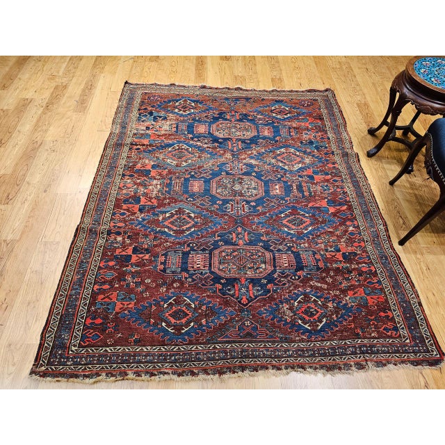 Late 19th Century Caucasian Soumak Rug, Handwoven Allover Geometric, Red & Blue, 5' x 7' For Sale - Image 4 of 17