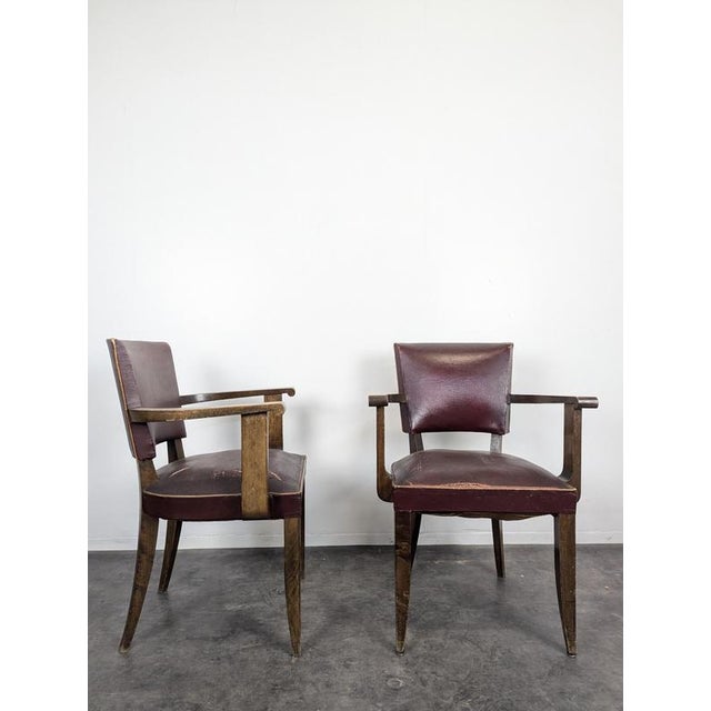 Bridge Chairs in Oak and Burgundy Imitation Leather, 1940s, Set of 2, in Very Good conditions. Designed 1920 to 1949