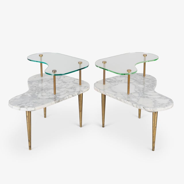 White Tiered Italian Organic Form Accent Tables in Carrara Marble, Glass, & Brass, Pair For Sale - Image 8 of 14
