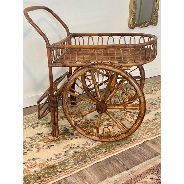 Brown French Riviera Rattan Bar Cart Audoux & Minet 1950s For Sale - Image 8 of 11