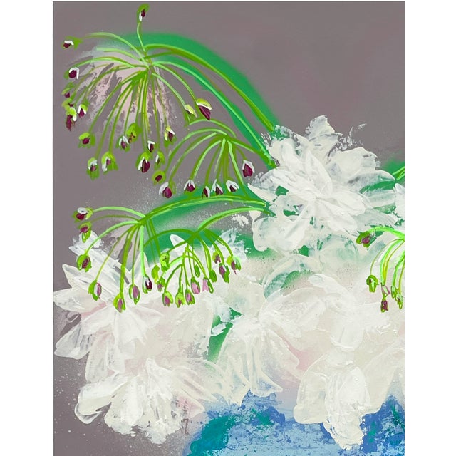 Peonies and Allium Flowers is a contemporary interpretation of the classic floral still life, lush white peonies paired...