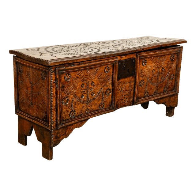 Antique Queen Anne Carved Elm Childs Coffer Chest Dated Ex Christie's 1706 For Sale