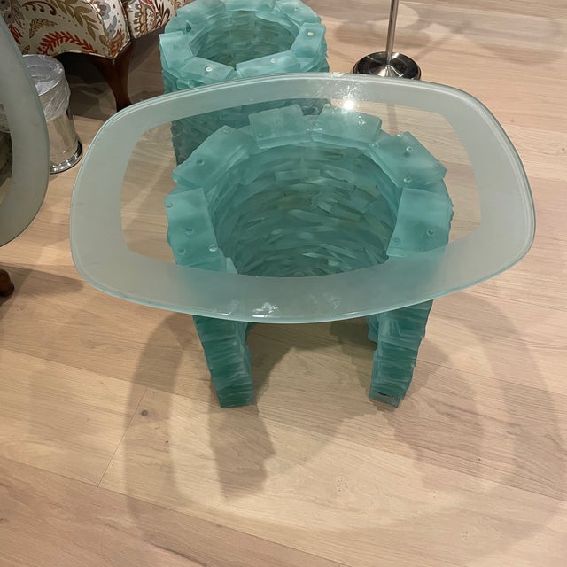 1980s Murano Style Stacked Glass Side Table. Removable glass top. Some discoloration where the glass are fused due to age....