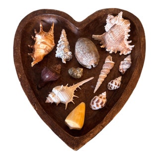 Mid-Century Modern Hand-Carved Heart Wooden Catchall Bowl With Curated Seashell Specimen Collection For Sale