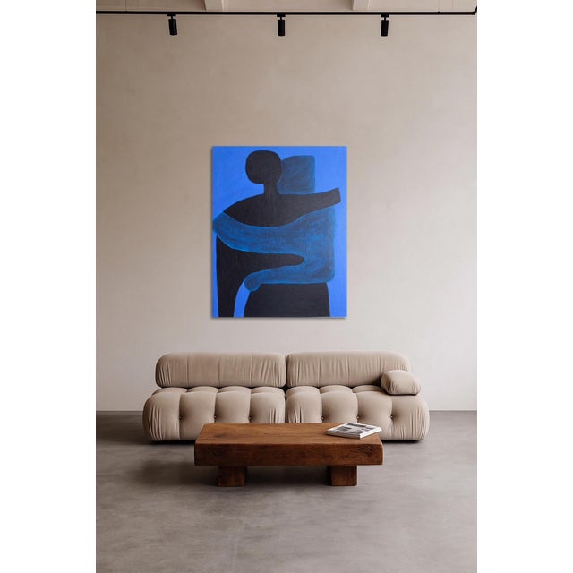 Celebrate pure love with this original figurative painting of an embracing couple in elegant shades of blue. Hand-painted...