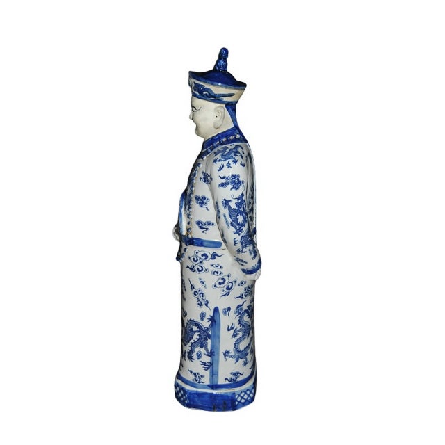 Blue Chinese Blue & White Statuette of Emperor or Figure of Official in Dragon Robe For Sale - Image 8 of 10