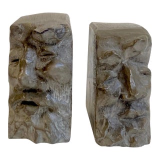 Late 20th Century Cast Stone Face Bookends Signed Strauch - a Pair For Sale