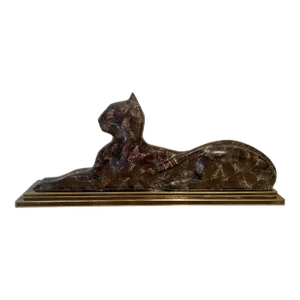 1980s Casa Bique Tessellated Pen Shell & Brass Bastet Cat Figurine
