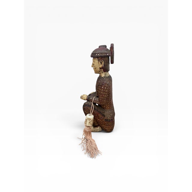 Brown Mid 20th Century Hand-Carved Chinese Wooden Figural Sculpture of Seated Musician With Drum For Sale - Image 8 of 14